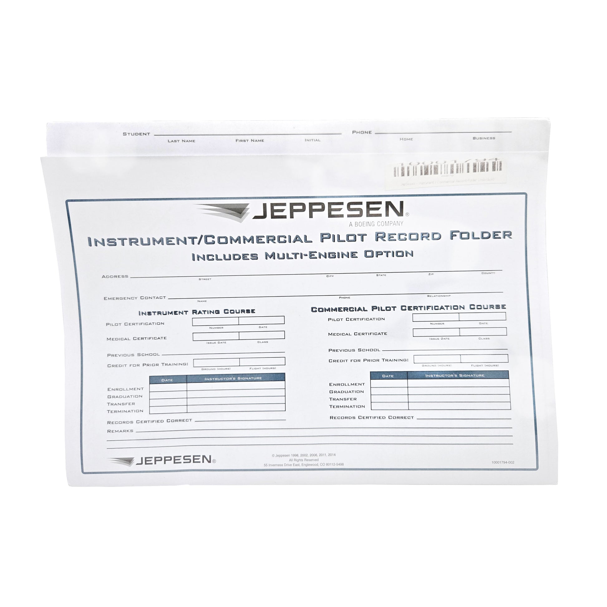 Jeppesen Instrument Commercial Record Folder – Cover Page