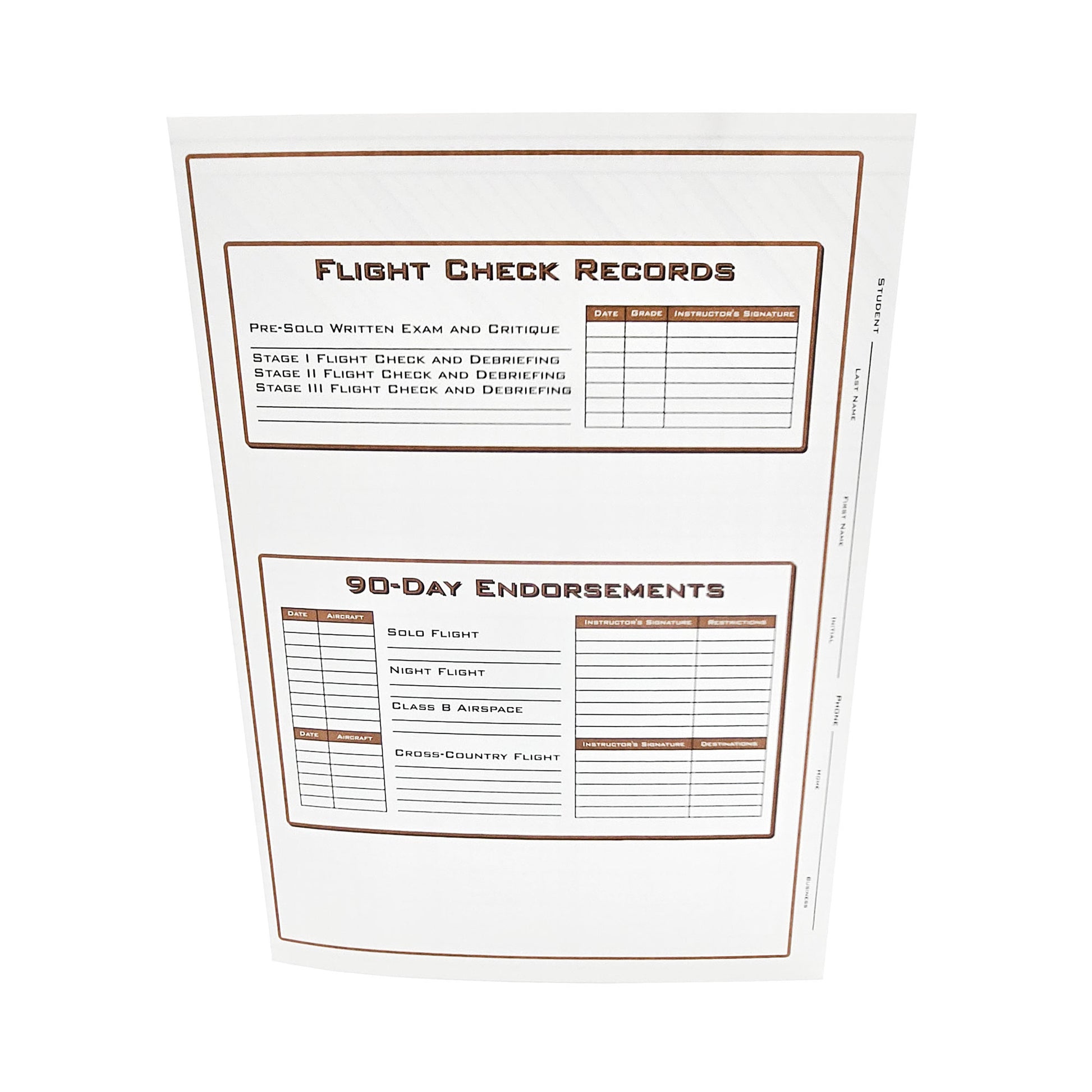 Jeppesen Private Pilot Record Folder – Flight Lesson Tracking Page