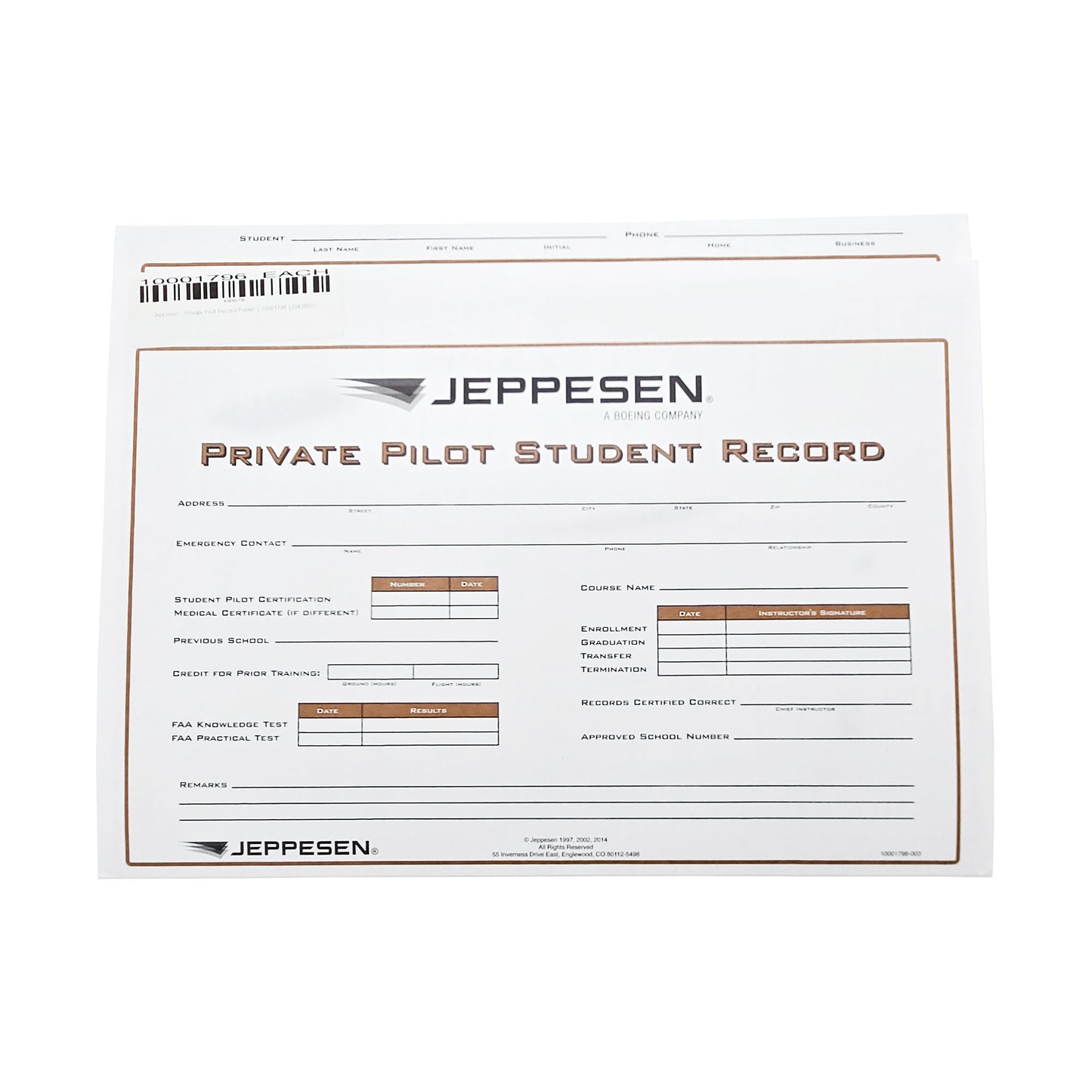 Jeppesen Private Pilot Record Folder – Cover Page with Training Overview