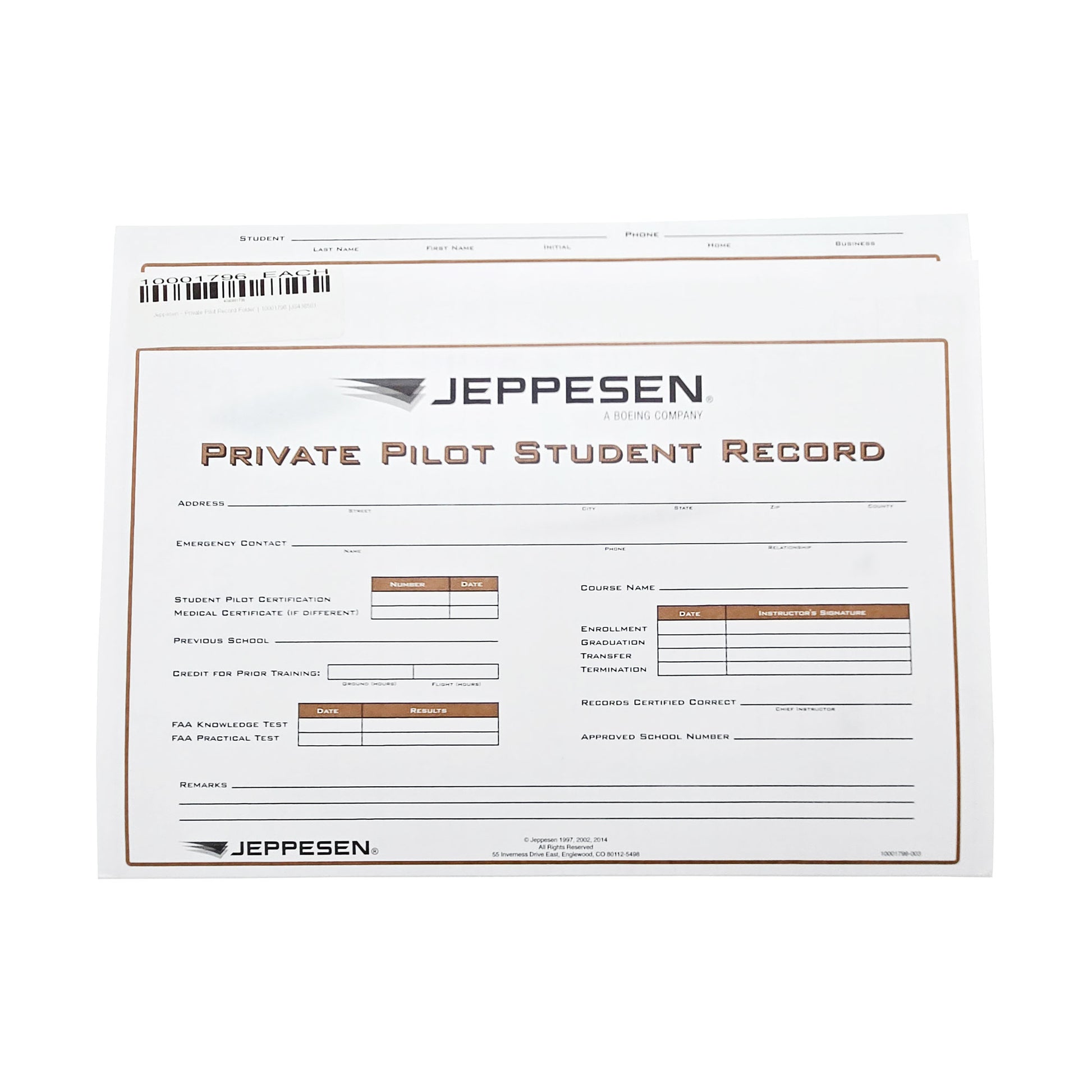 Jeppesen Private Pilot Record Folder – Cover Page with Training Overview