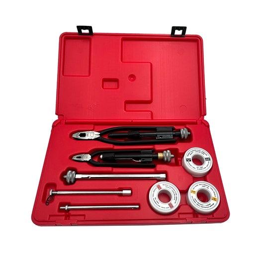 Red tool kit with various tools inside on a white background