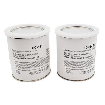 Back labels of AkzoNobel 10P4-3NF and EC-117 primer kit cans showing BMS 10-11 specifications, batch numbers, and 24-month shelf life.