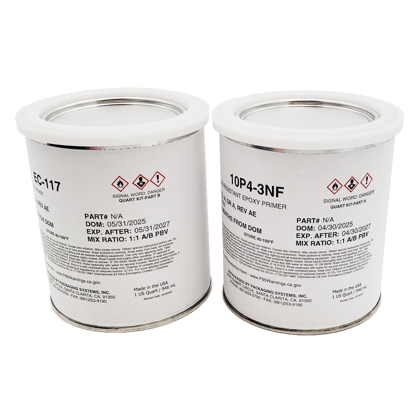 AkzoNobel primer kit cans showing Part A 10P4-3NF epoxy primer and Part B EC-117 curing solution with 1:1 mix ratio, hazard warnings, and expiration dates.