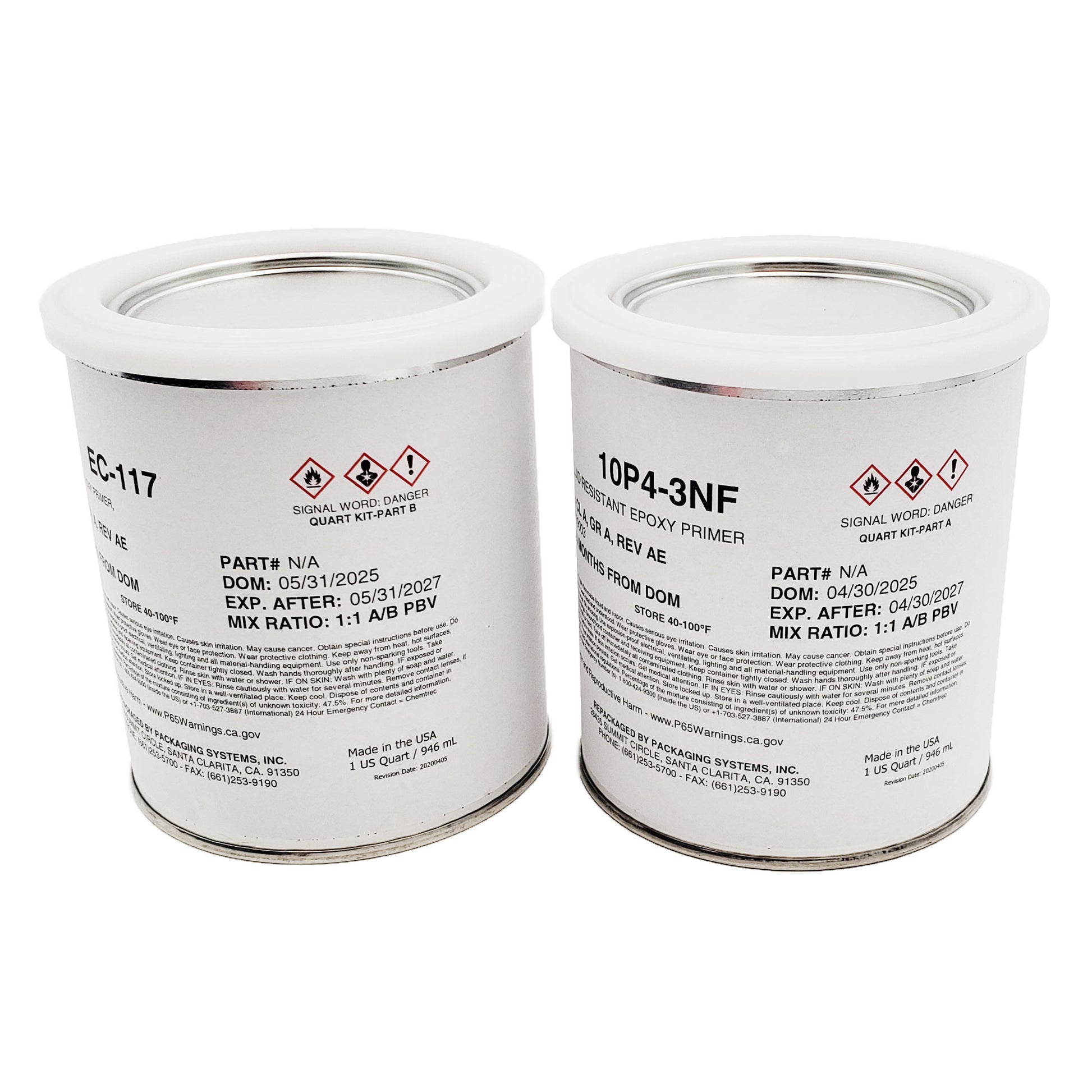 AkzoNobel primer kit cans showing Part A 10P4-3NF epoxy primer and Part B EC-117 curing solution with 1:1 mix ratio, hazard warnings, and expiration dates.