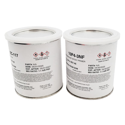 AkzoNobel primer kit cans showing Part A 10P4-3NF epoxy primer and Part B EC-117 curing solution with 1:1 mix ratio, hazard warnings, and expiration dates.