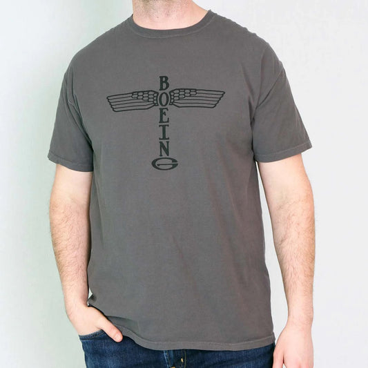 Boeing Logo Heritage T-Shirt with vintage Airplane Company emblem on gray tee
