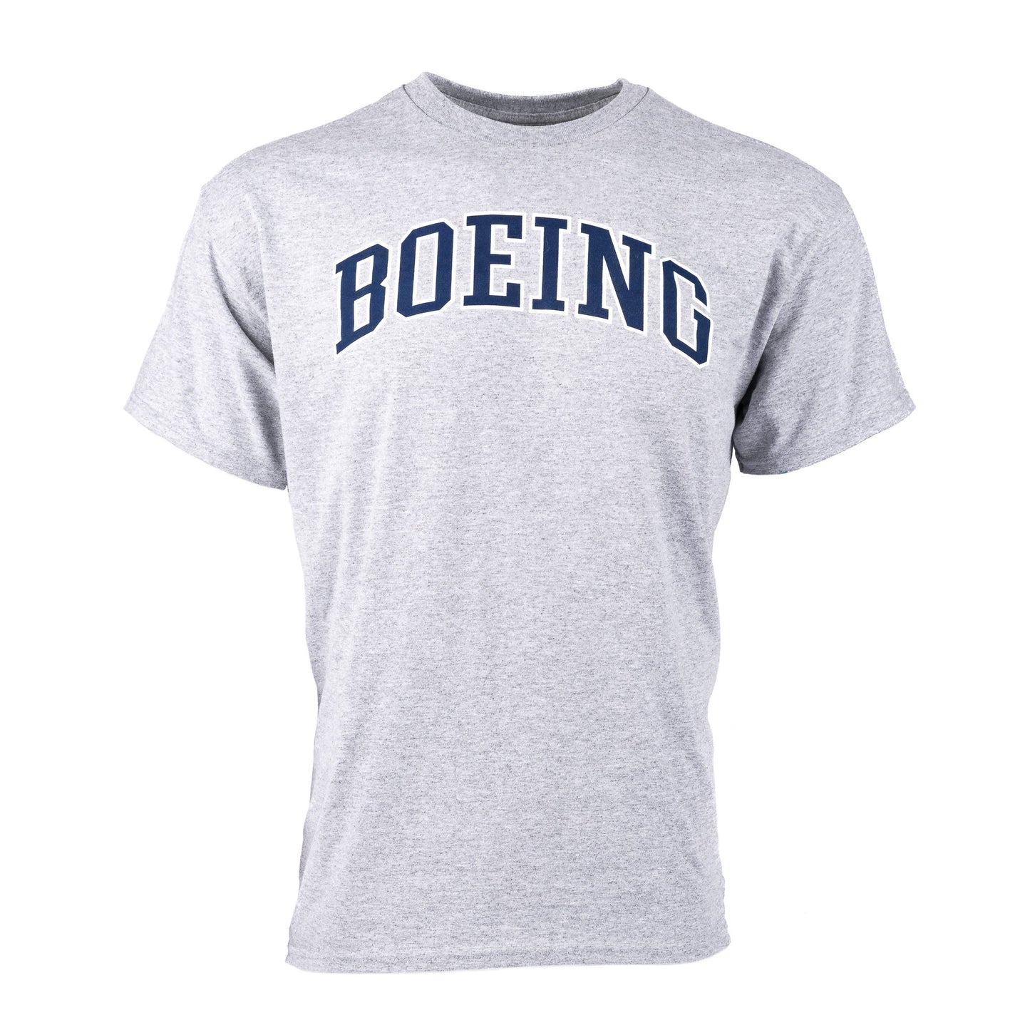 Front view of Boeing Unisex Varsity Logo T-Shirt in Sport Grey with navy Boeing text