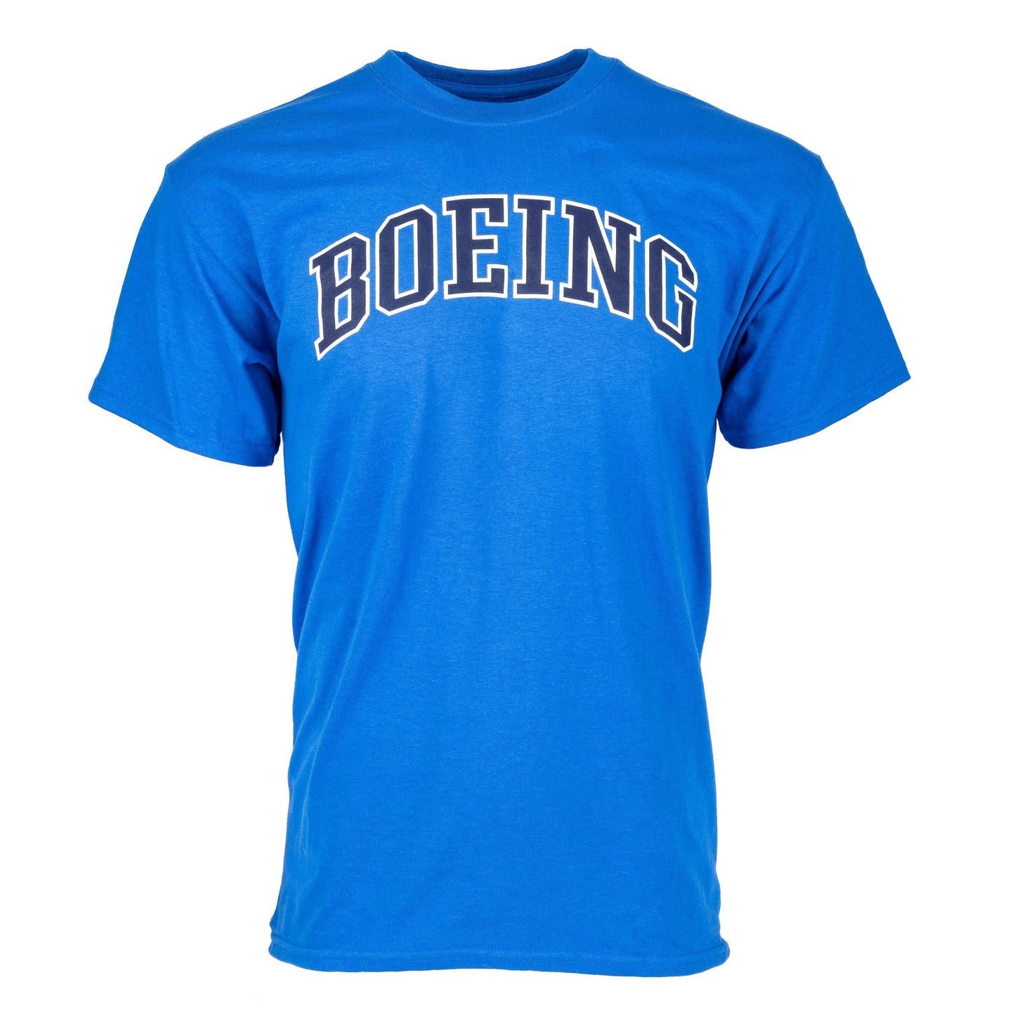 Front view of Boeing Unisex Varsity Logo T-Shirt in Royal Blue with white-outlined navy Boeing text