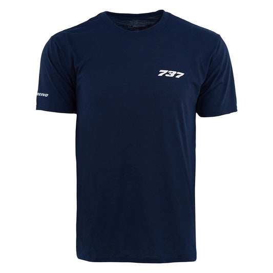 Boeing 737 Series unisex navy blue t-shirt front view with white 737 logo on chest