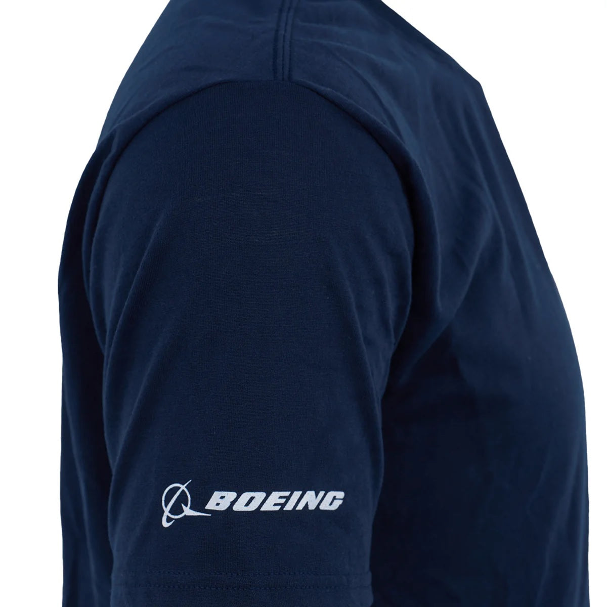 Boeing 737 Series unisex t-shirt sleeve detail showing white Boeing logo on navy fabric