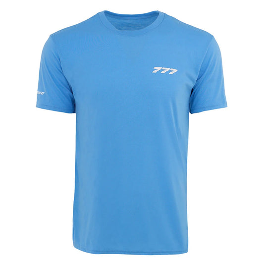 Boeing 777 Series unisex light blue t-shirt front view with white 777 logo on chest