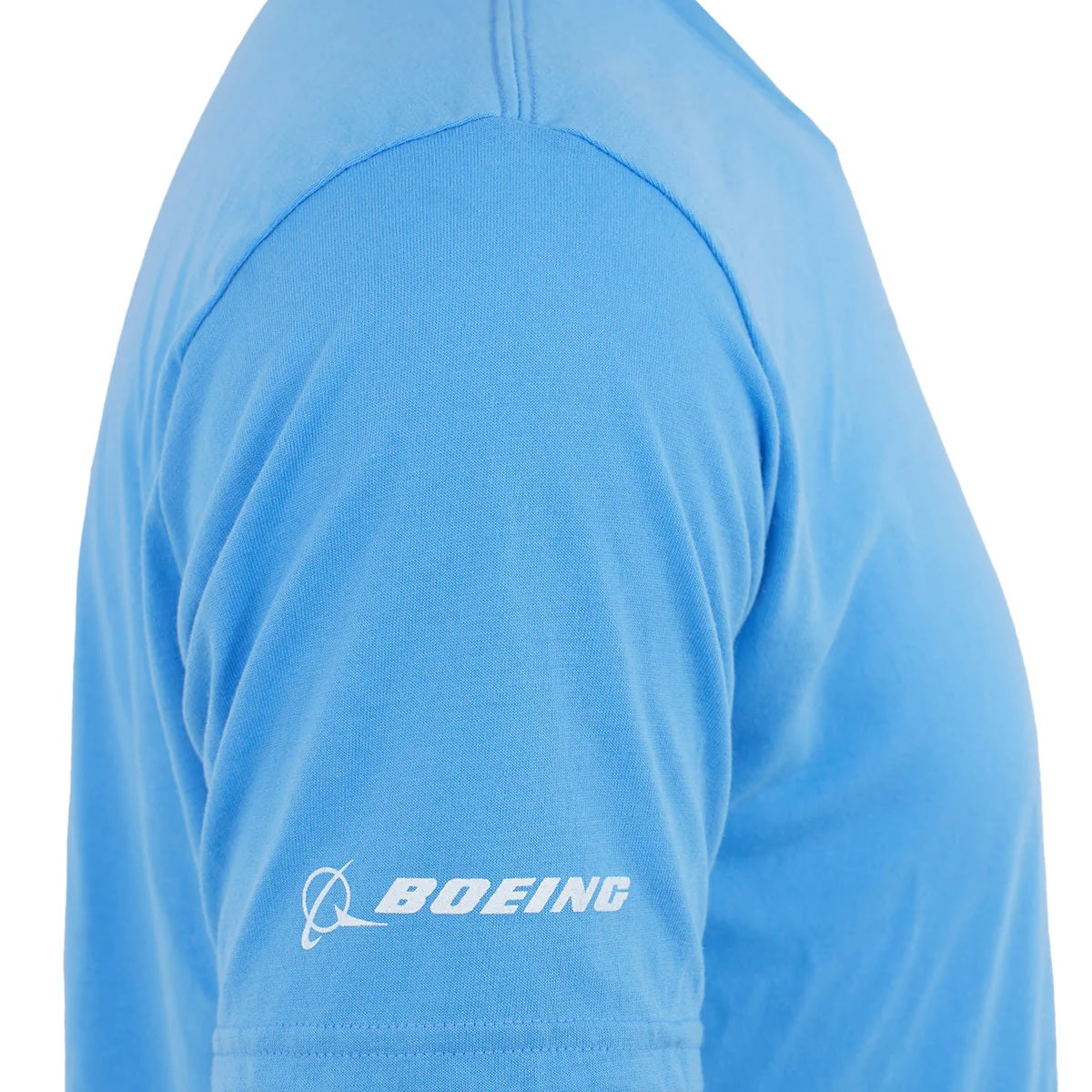 Boeing 777 Series unisex t-shirt sleeve detail showing white Boeing logo on light blue fabric