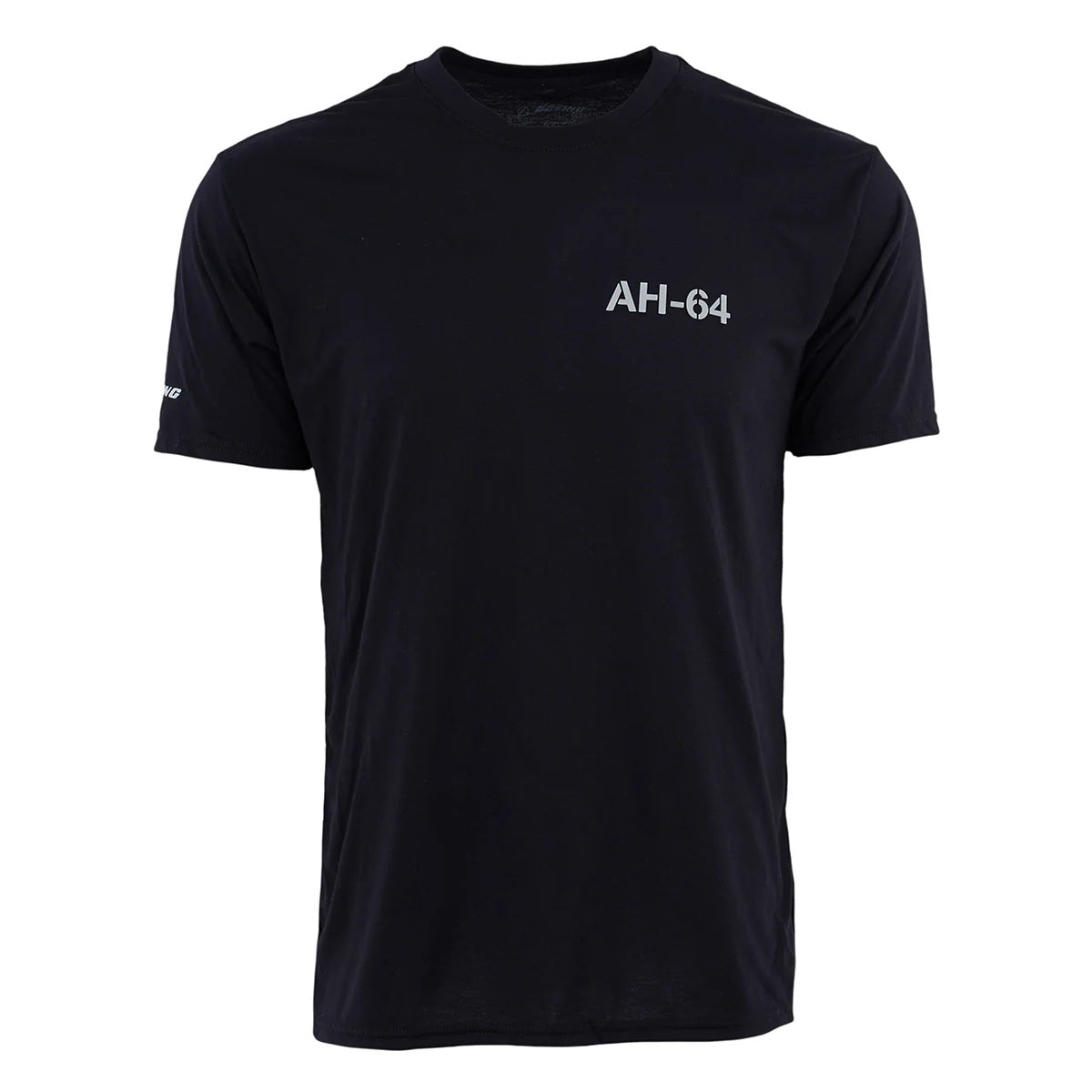 Front view of Boeing AH-64 Apache Unisex Performance T-Shirt in black with AH-64 logo