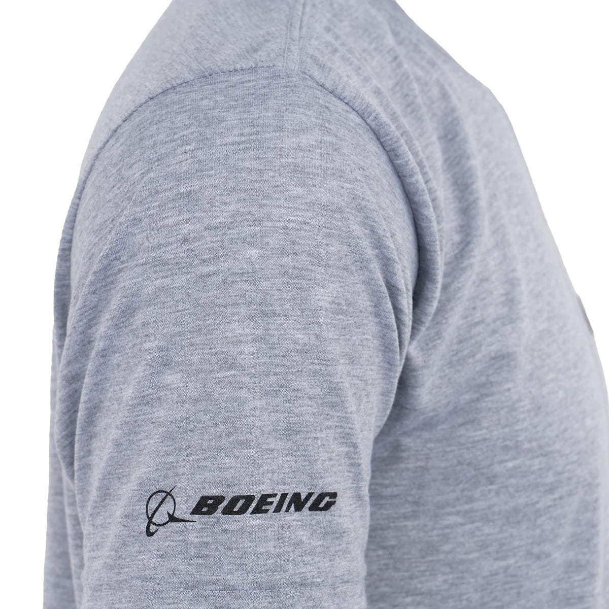 Close-up of Boeing logo on sleeve of CH-47 Chinook Series Performance T-Shirt in heather gray
