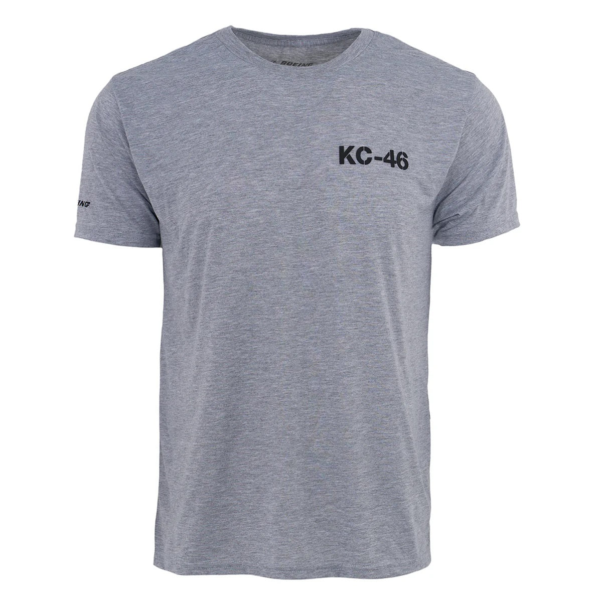 Front view of Boeing KC-46A Pegasus Unisex Performance T-Shirt in heather gray with black KC-46 logo