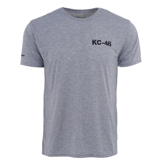 Front view of Boeing KC-46A Pegasus Unisex Performance T-Shirt in heather gray with black KC-46 logo