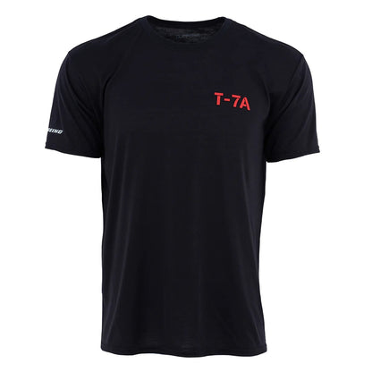 Front view of Boeing T-7A Red Hawk Unisex Performance T-Shirt in black with red T-7A logo