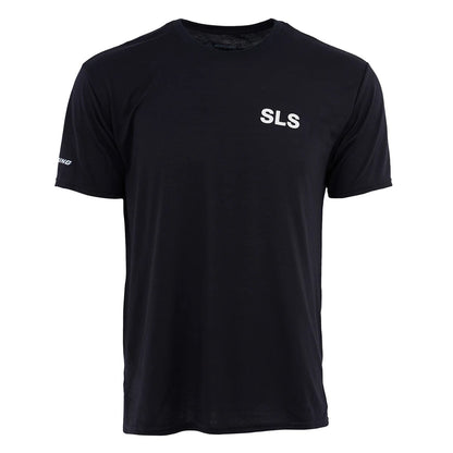 Boeing Space Launch System Series T-Shirt front view showing black unisex tee with white SLS logo on chest