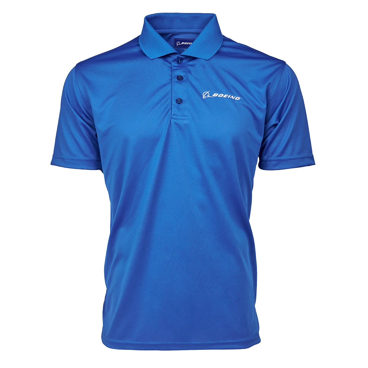 Boeing Signature Omega mesh tech polo front view in royal blue with embroidered logo