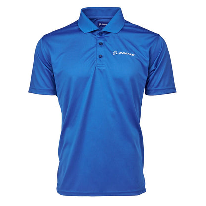 Boeing Signature Omega mesh tech polo front view in royal blue with embroidered logo