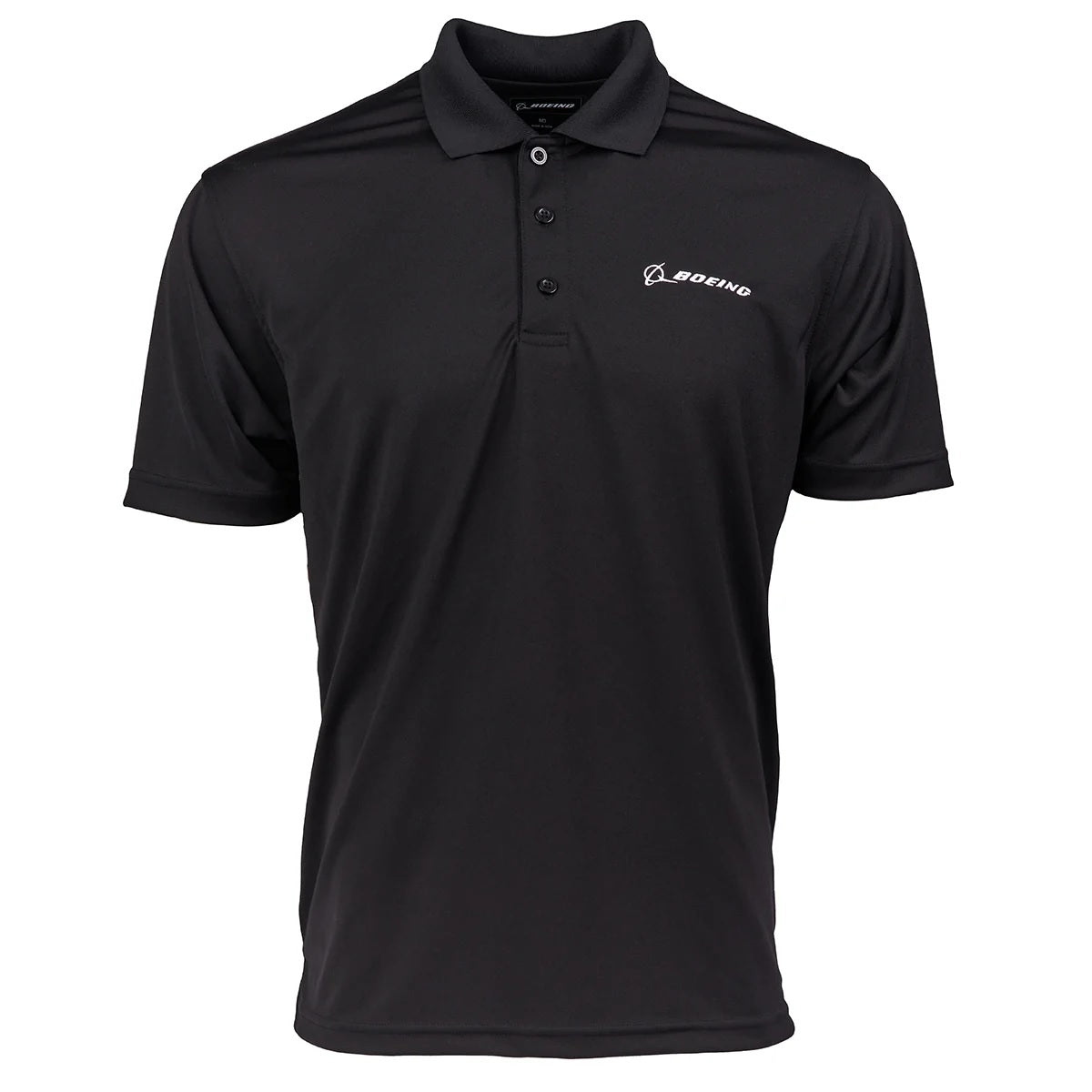 Boeing Signature Omega mesh tech polo front view in black with embroidered Boeing logo