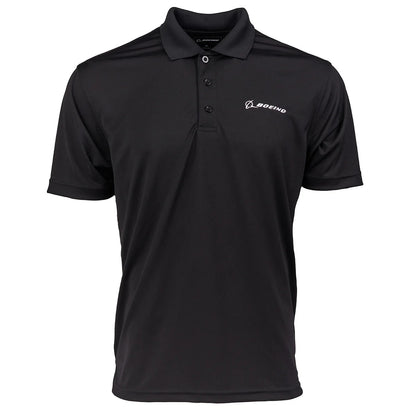 Boeing Signature Omega mesh tech polo front view in black with embroidered Boeing logo
