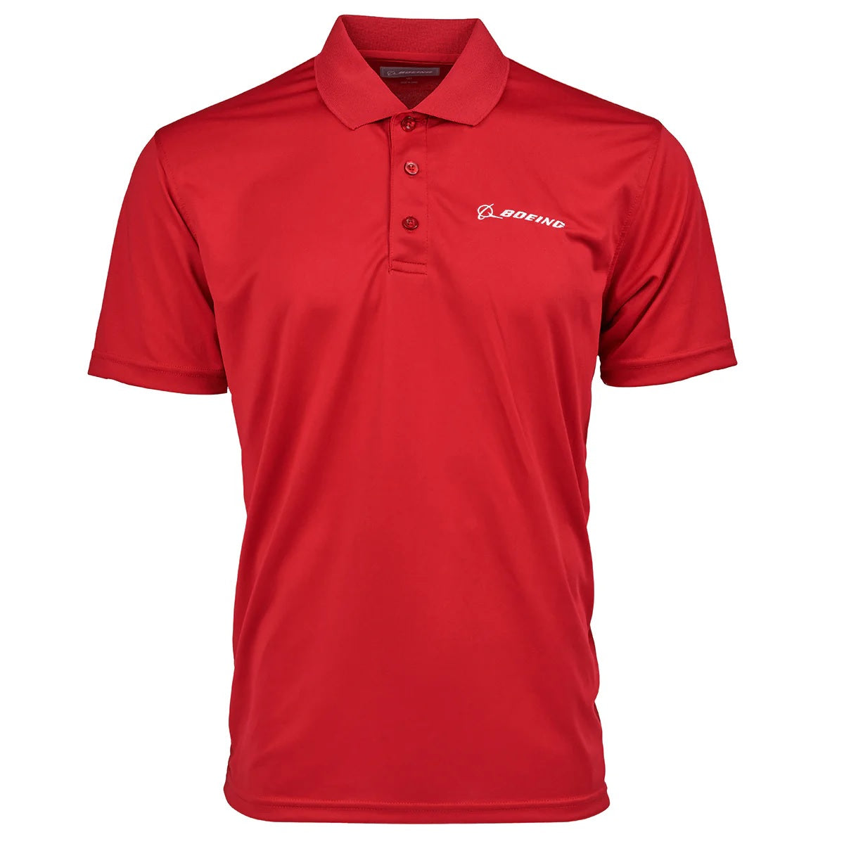 Boeing Signature Omega mesh tech polo front view in sport red with embroidered logo