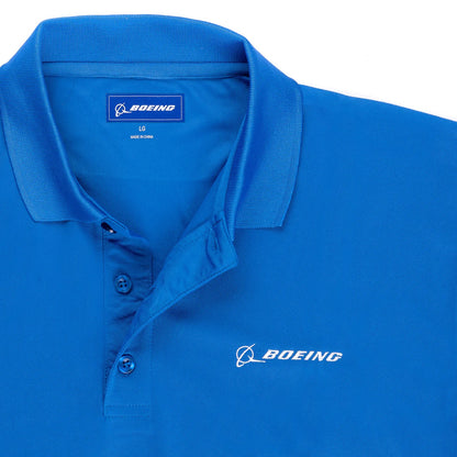 Boeing Signature Omega mesh tech polo chest logo detail on royal blue fabric