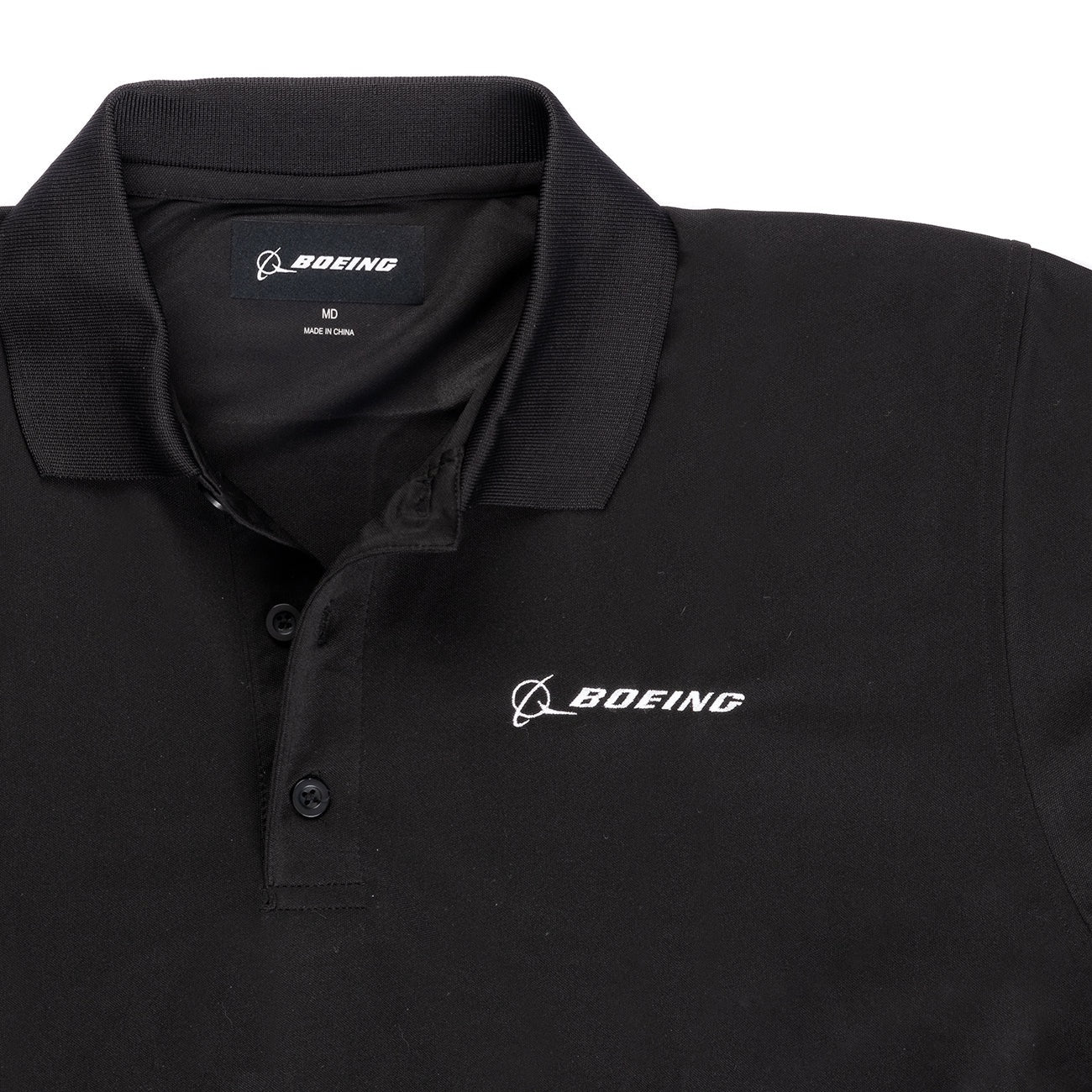 Boeing Signature Omega mesh tech polo chest logo detail on black fabric