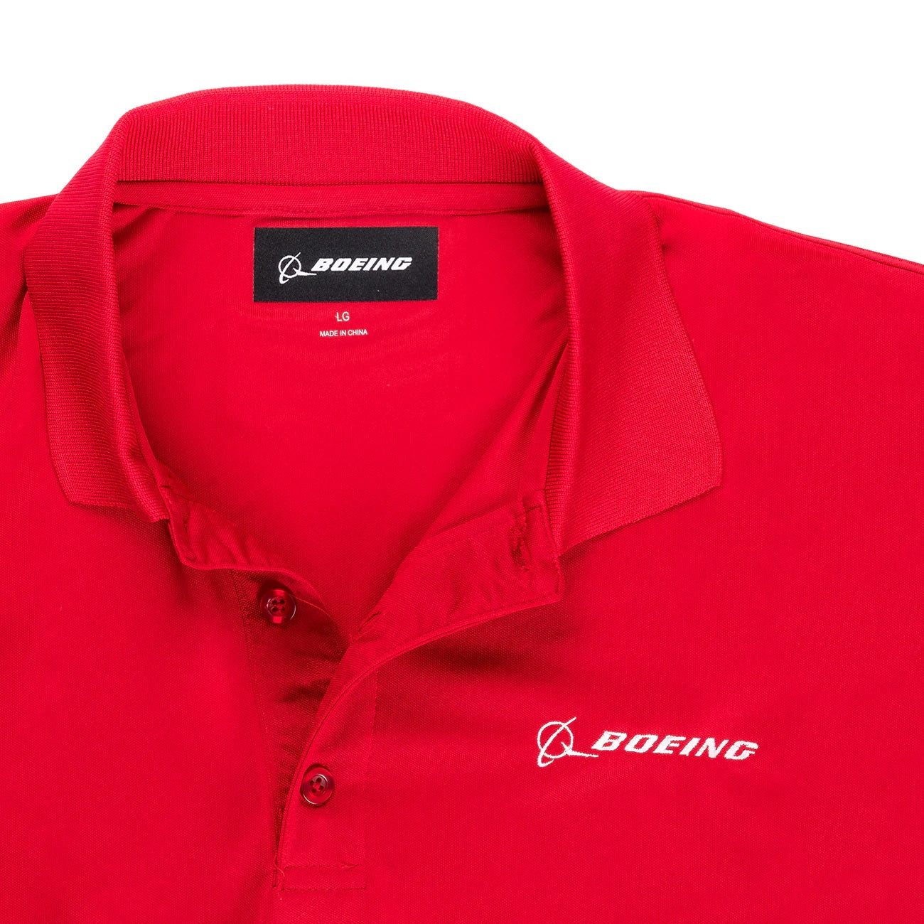 Boeing Signature Omega mesh tech polo chest logo detail on sport red fabric