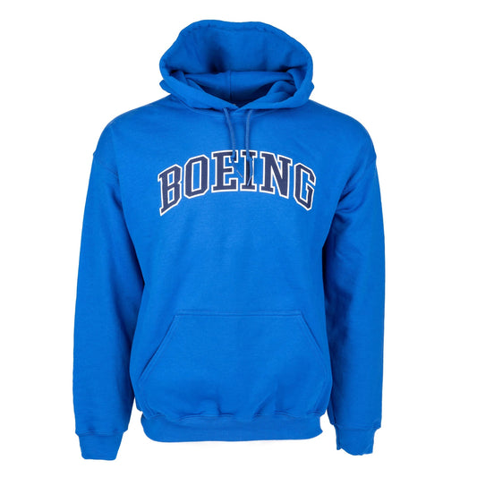 Boeing Unisex Varsity Sweatshirt royal blue hoodie with BOEING collegiate logo front view