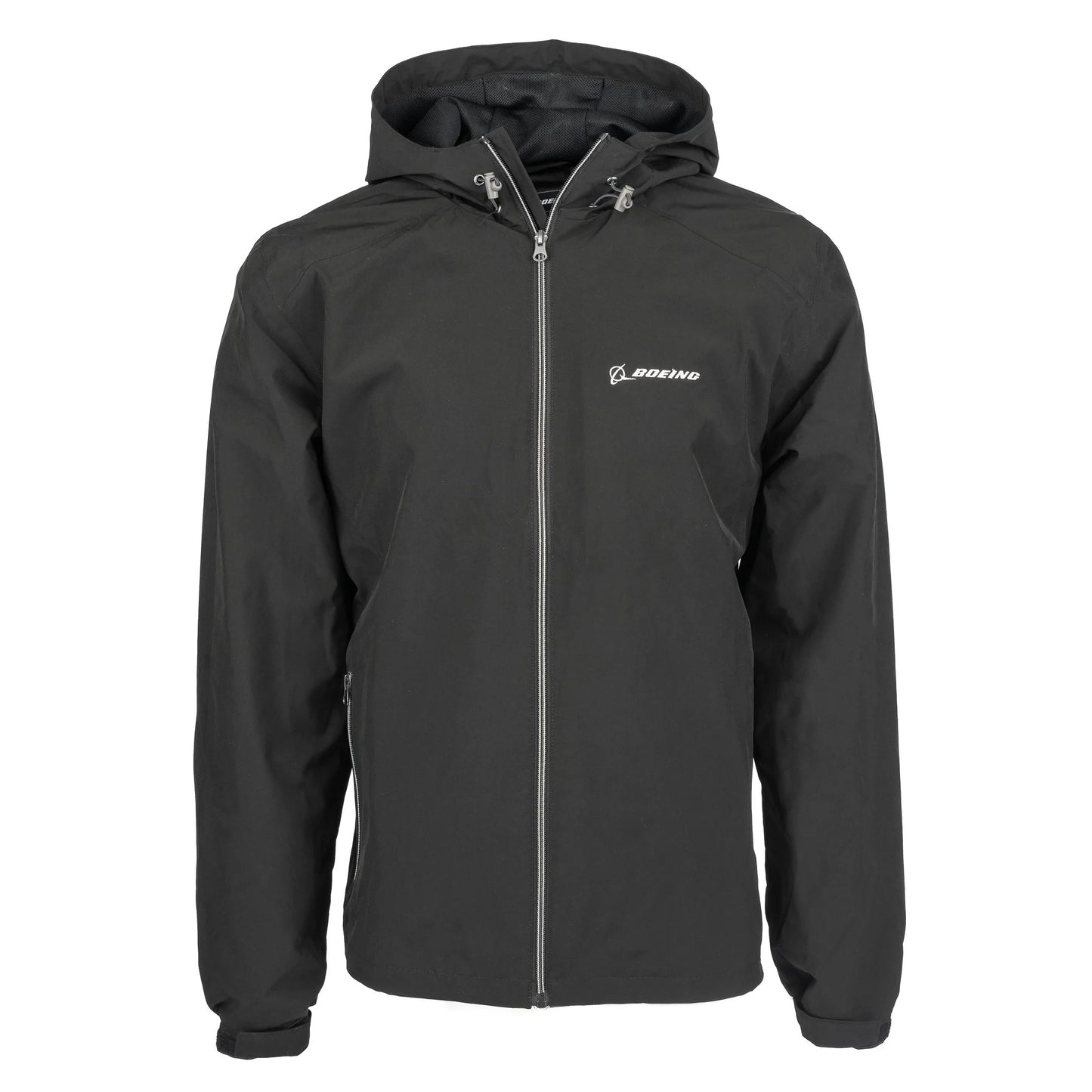 Boeing Newport jacket in black front view with embroidered Boeing logo