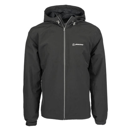 Boeing Newport jacket in black front view with embroidered Boeing logo