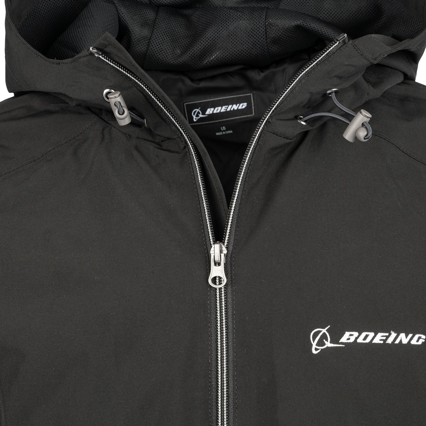Close-up of black Boeing Newport jacket hood and front zipper detail