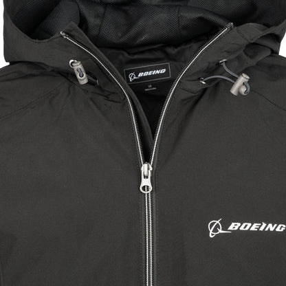 Close-up of black Boeing Newport jacket hood and front zipper detail