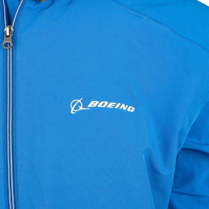 Close-up of embroidered Boeing logo on royal blue Newport jacket chest