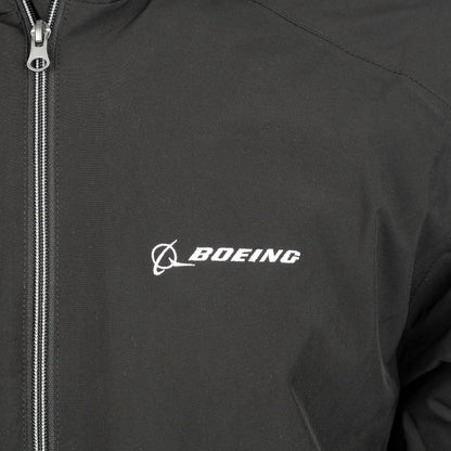 Close-up of embroidered Boeing logo on black Newport jacket chest