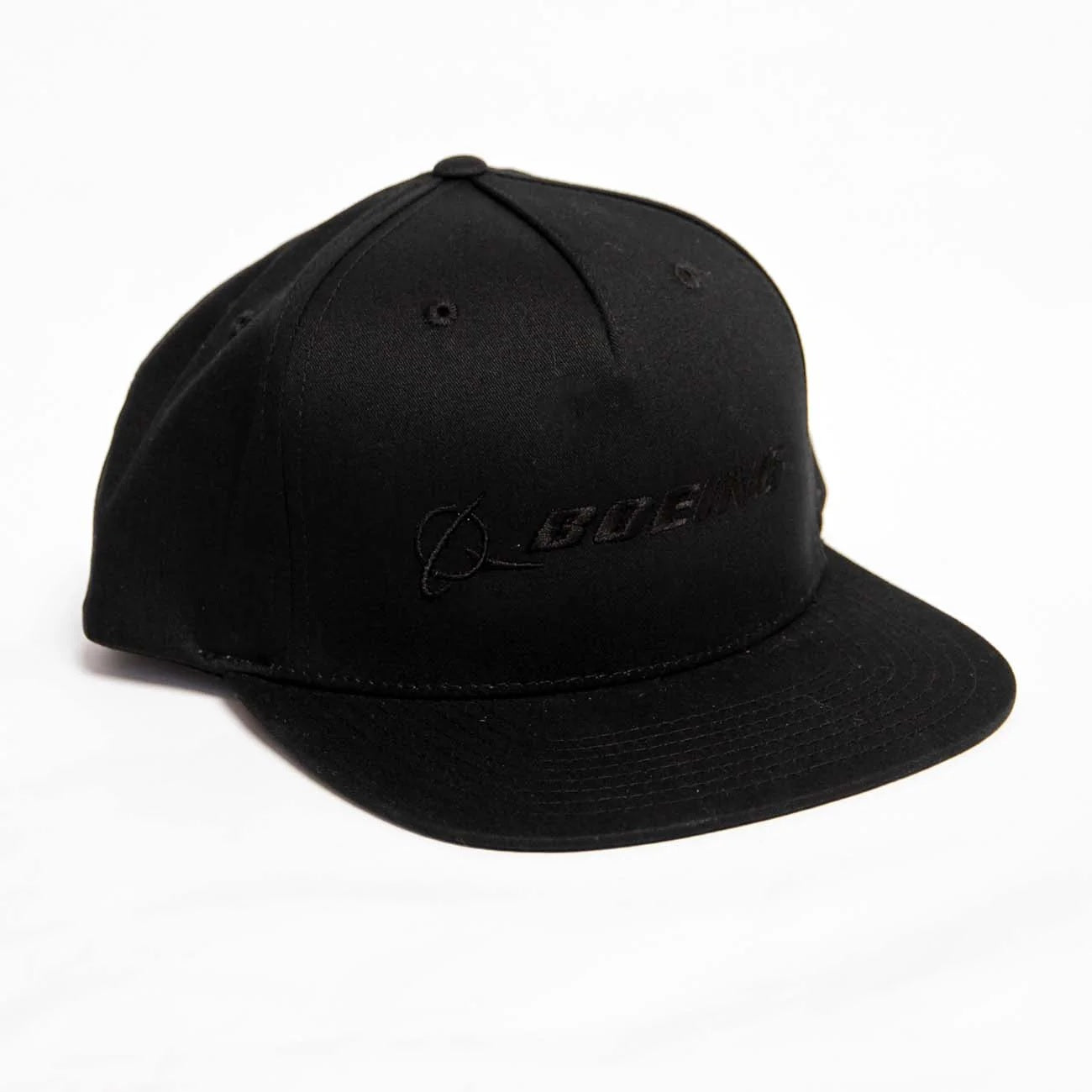 Black Boeing signature logo flat bill hat angled front view