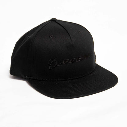 Black Boeing signature logo flat bill hat angled front view