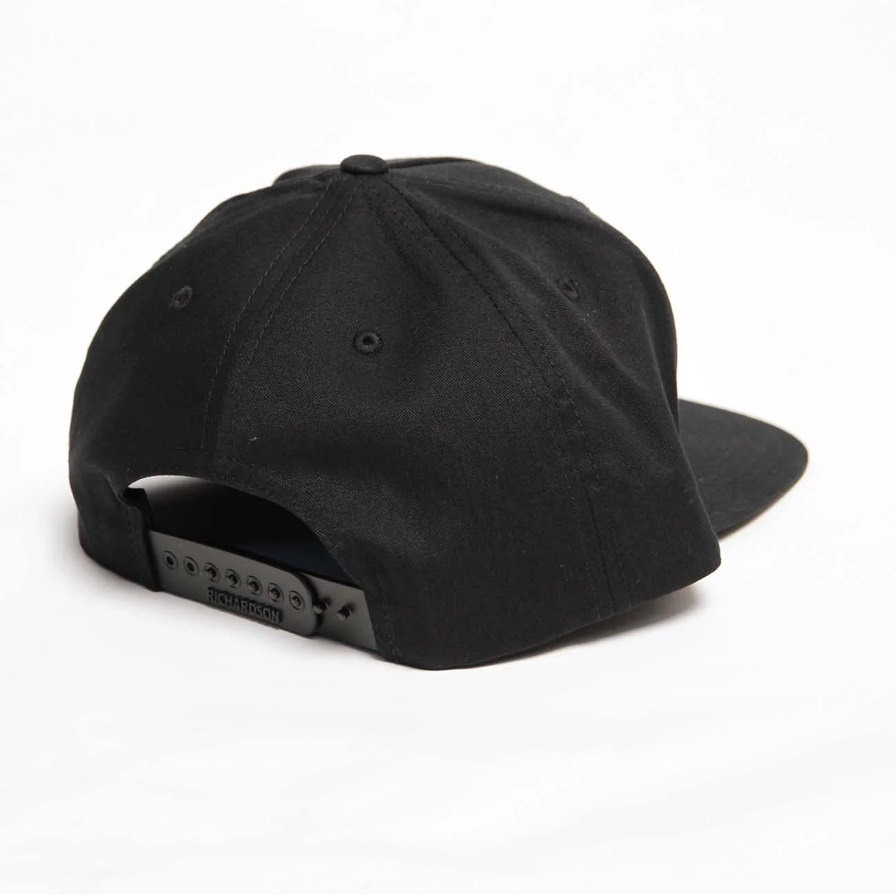Black Boeing flat bill snapback hat back view with adjustable closure