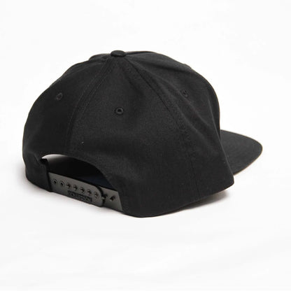 Black Boeing flat bill snapback hat back view with adjustable closure