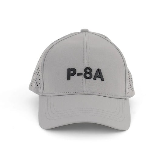 Boeing P-8A Poseidon Series Hat front view with raised black P-8A logo on gray cap