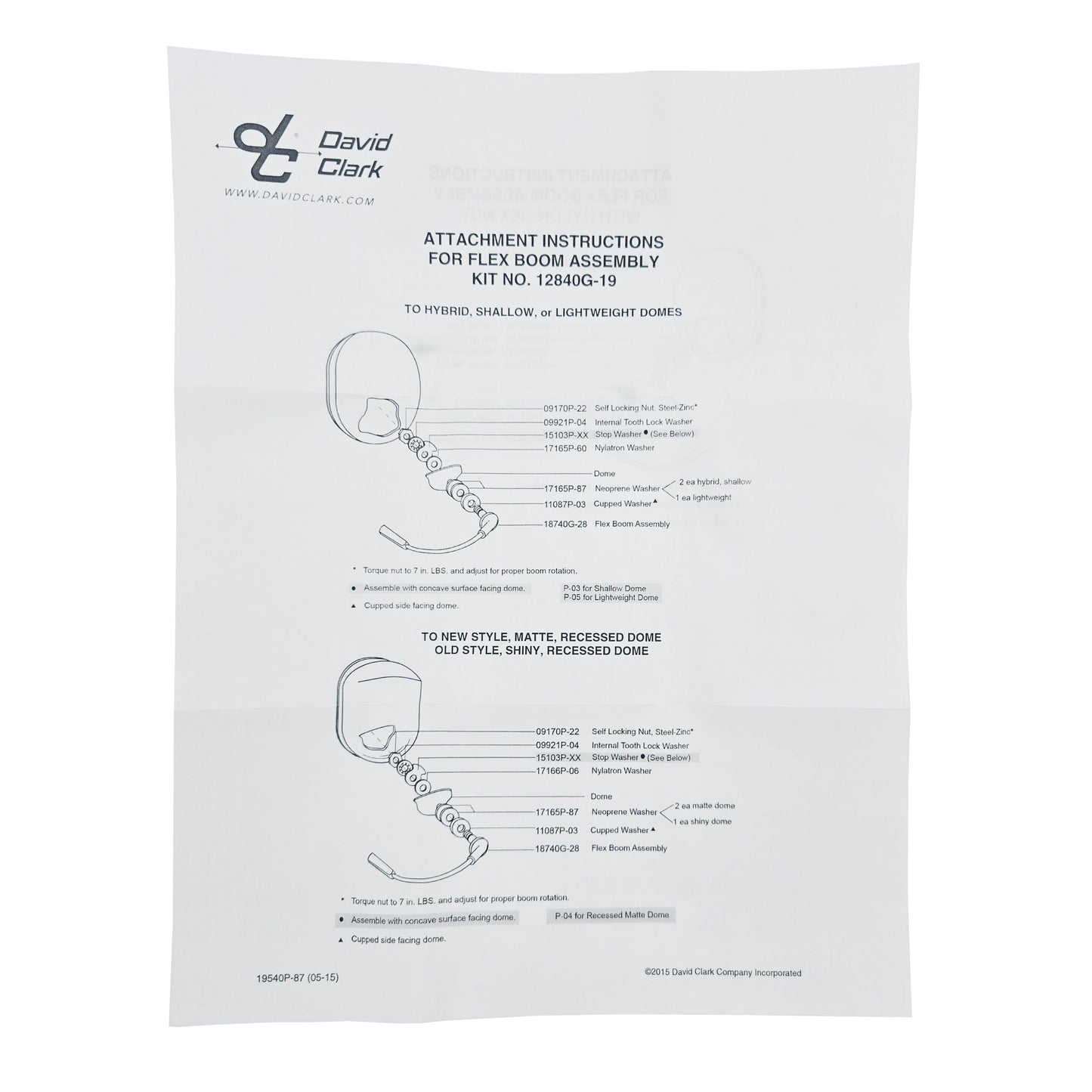 David Clark Boom Kit – Instruction Sheet for 12840G‑19 Assembly
