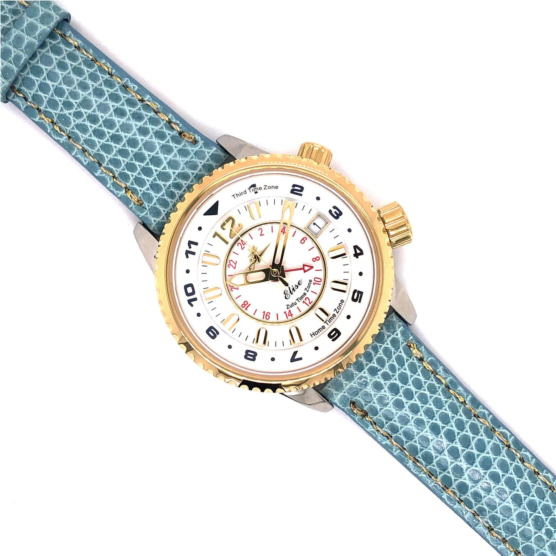 Abingdon Elise Watch with Blue Lizard Leather Strap and Gold Bezel