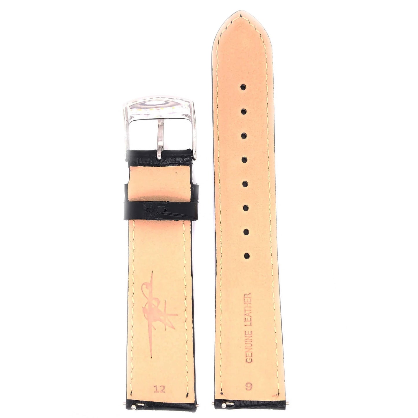 Back View of Abingdon 20mm Black Croco-Embossed Leather Watch Band with Genuine Leather Mark and Stainless Steel Buckle