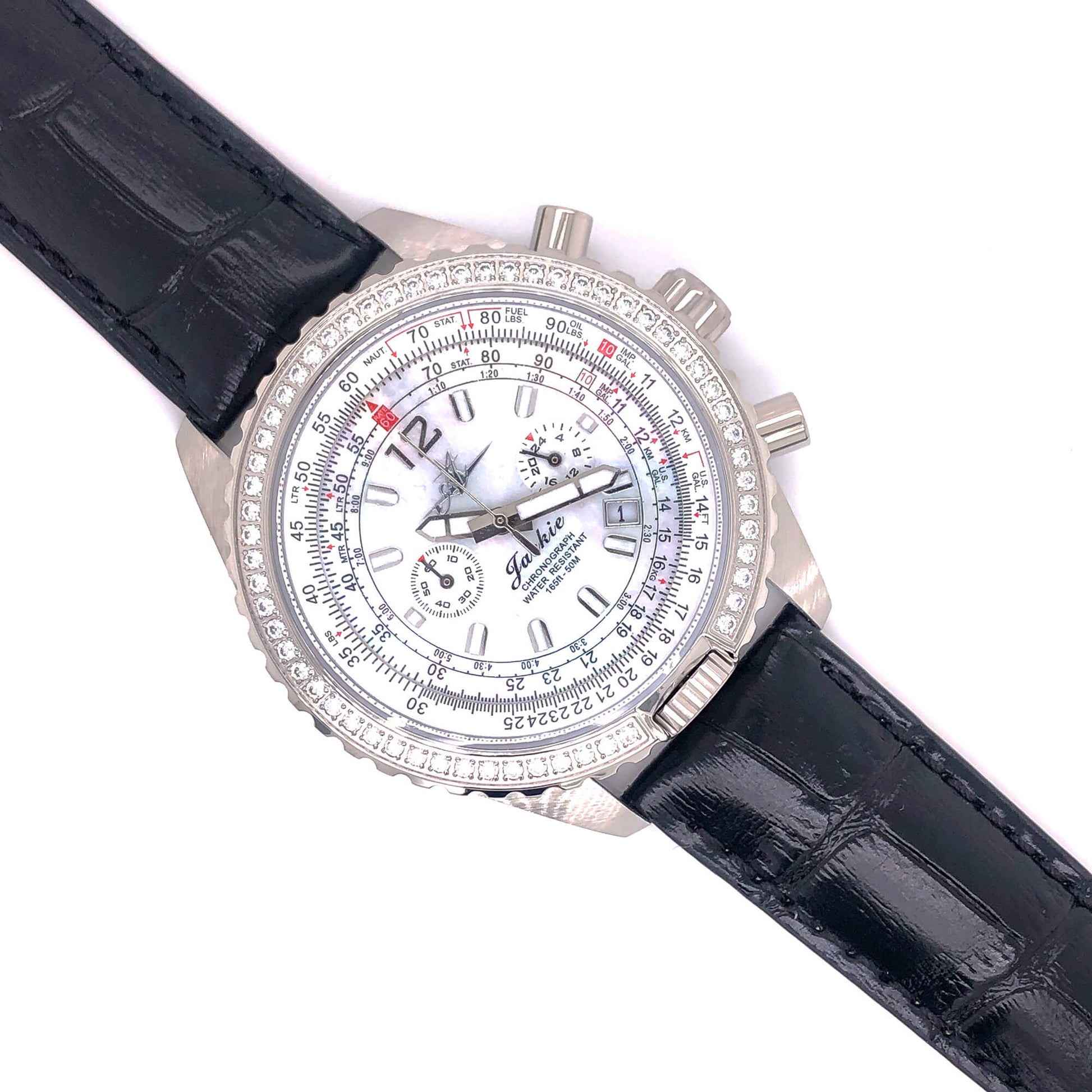 Abingdon Jackie Watch with 20mm Black Croco-Embossed Leather Band and Diamond Bezel Chronograph Dial
