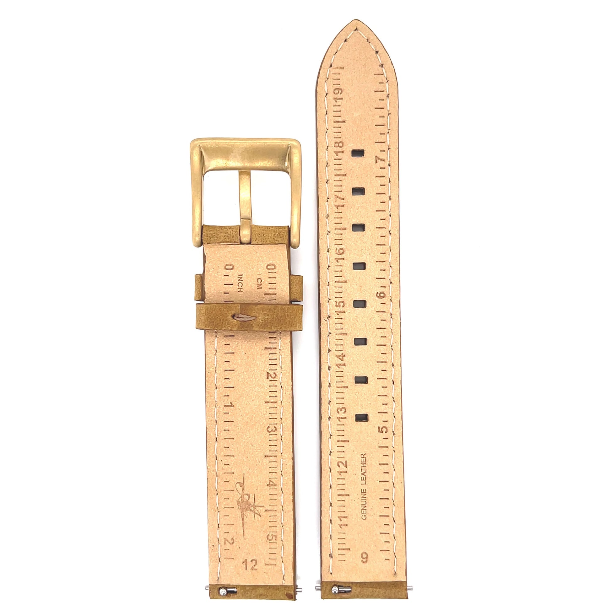 Abingdon Toffee Leather Watch Band Back View – Gold Buckle, Ruler Markings, and Quick Release Pins