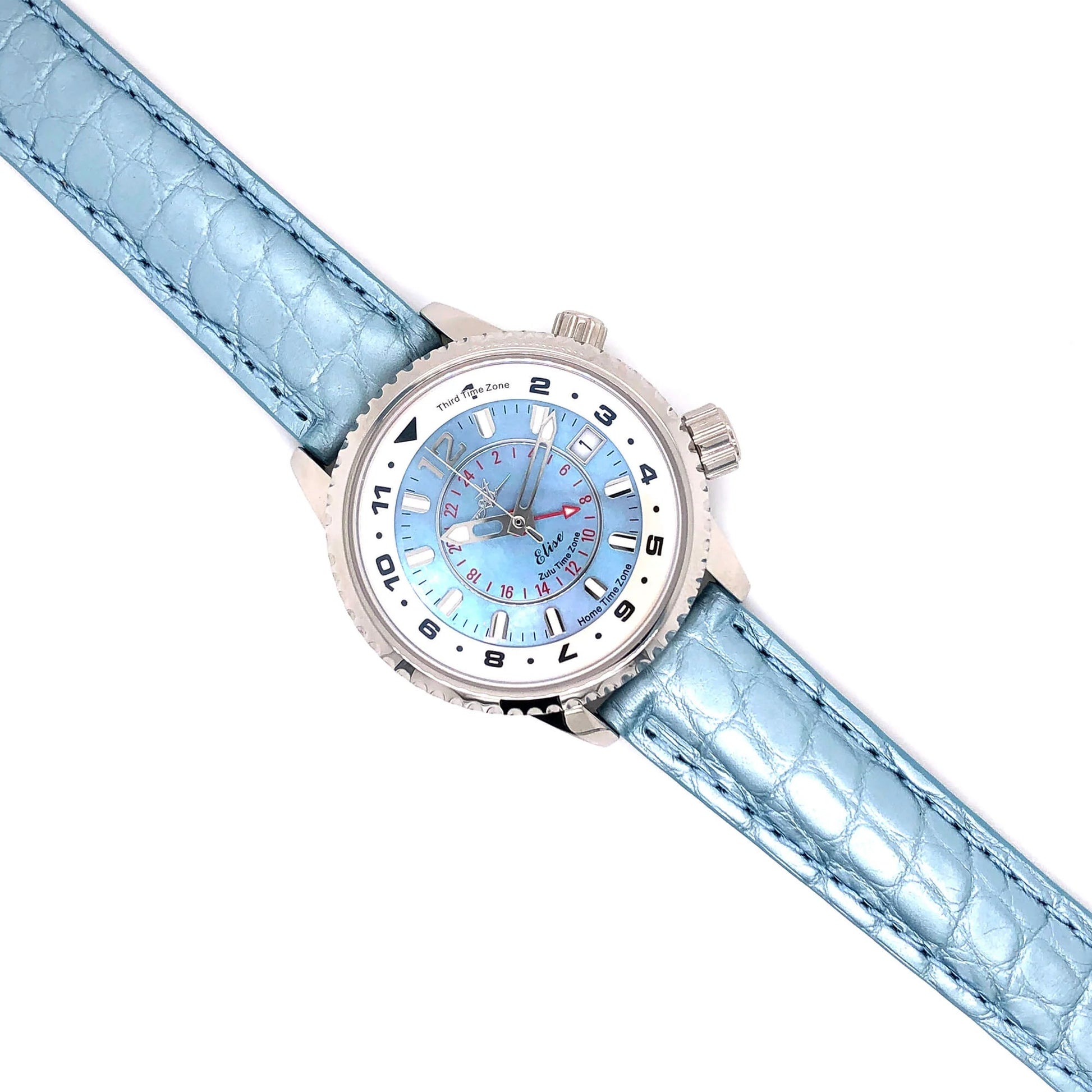 Elise Sky Women’s Pilot Watch with 16mm Genuine Alligator Blue Strap and Silver Buckle