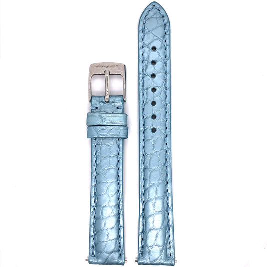Abingdon 16mm Genuine Alligator Blue Watch Band with Polished Stainless Steel Buckle – Front View