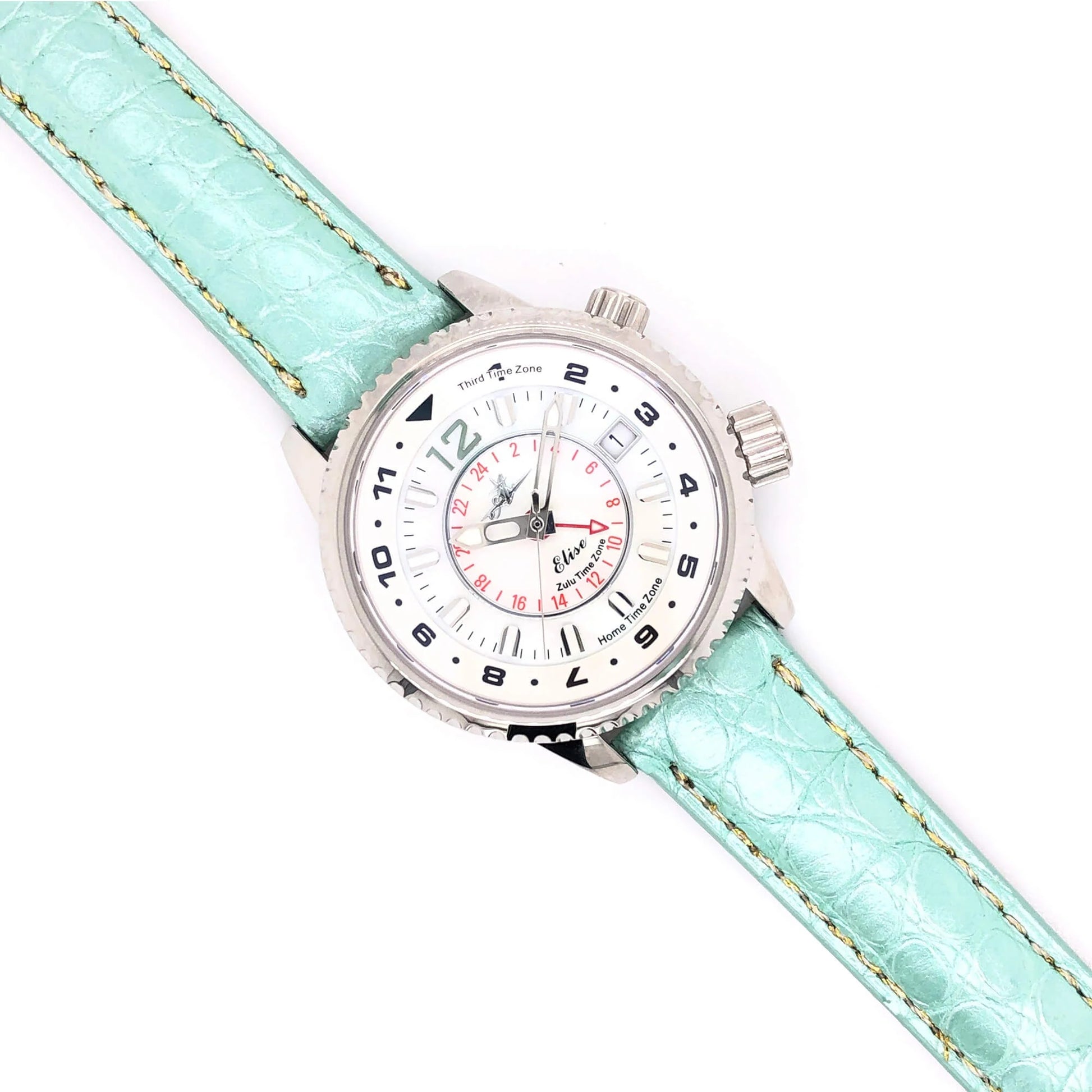 Elise Women's Pilot Watch with 16mm Genuine Green Alligator Strap and White Dial